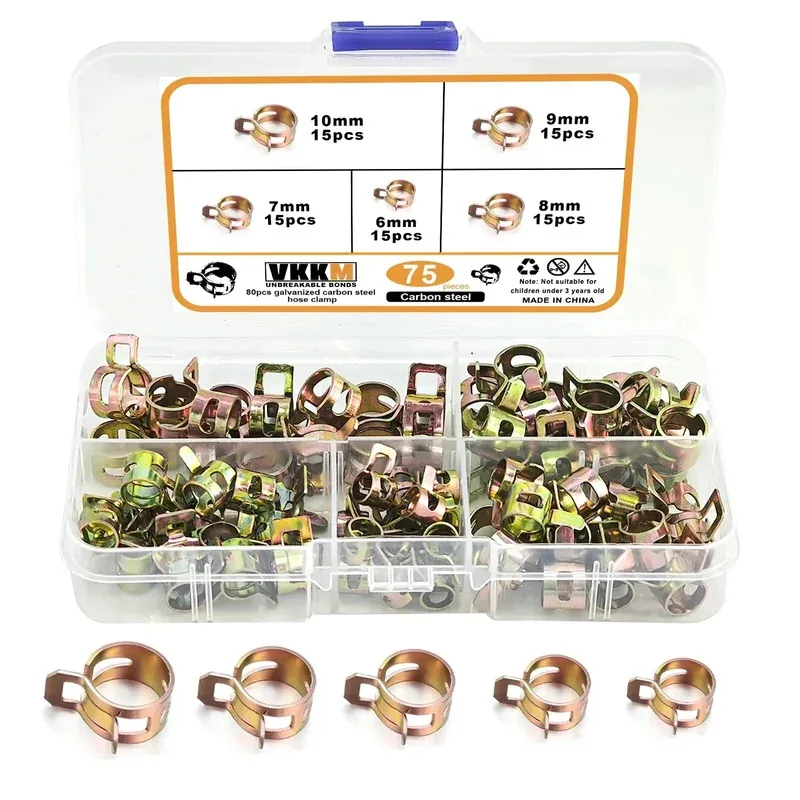 Hose Clamps 75Pcs 6-10mm Manganese Steel Spring Driven Hose Clamp Low Pressure Air Clamp Fastener Sorting Kit For Pipes Automobiles