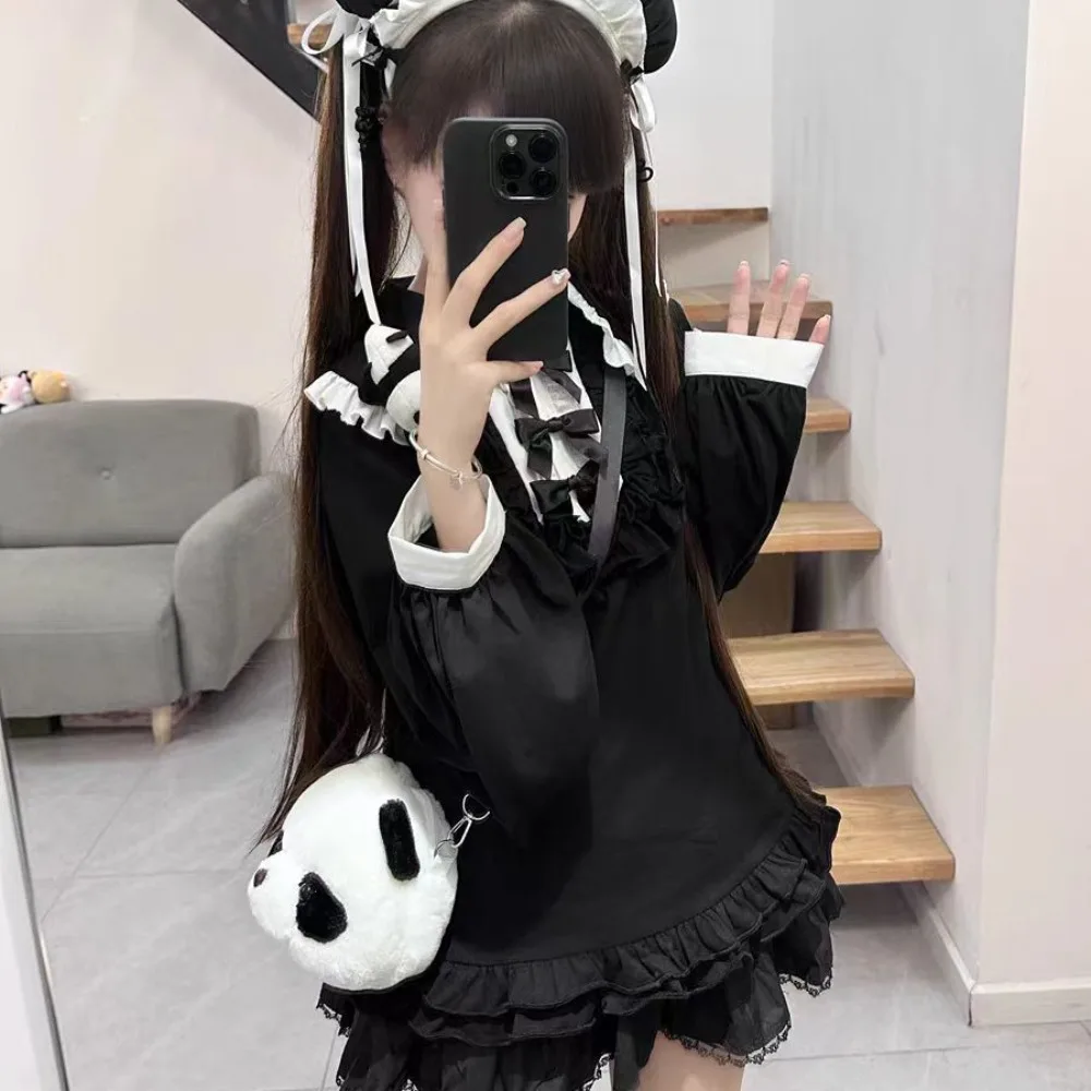 

HOUZHOU Kawaii Sweet Gothic Hoodie Women Japanese Fashion Harajuku Cute Soft Gril Bow Rabbit Ears Navy Collar Pullovers Y2k Chic