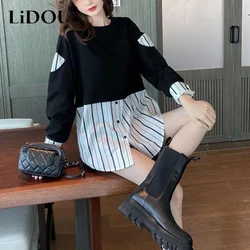 Spring Autumn Fake Two Piece Striped Patchwork Sweatshirt Women Korean Fashion Long Sleeve Loose Casual All-match Pullovers Top