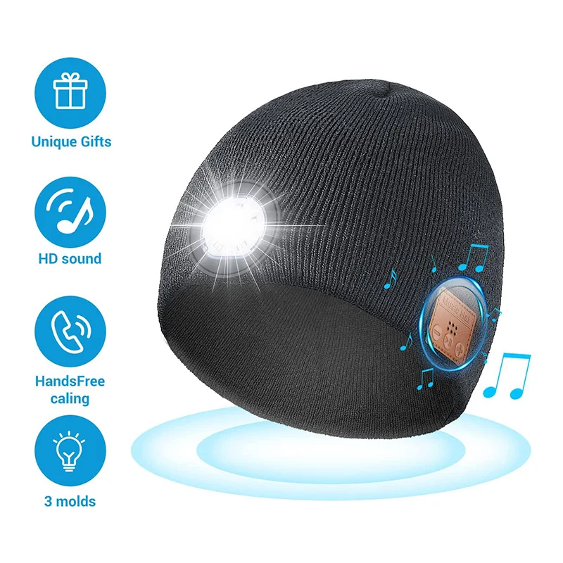 Bonnet de casque sans fil avec lampe frontale, LED, Bluetooth