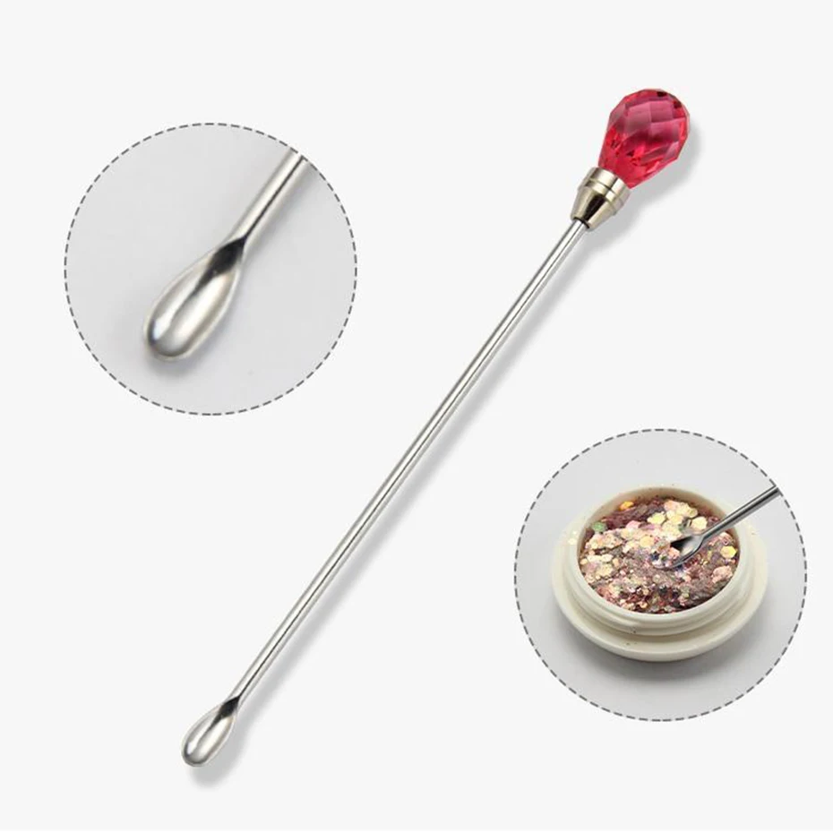 Stainless Steel Nail Art Stirring Rod Tool Powder Liquid Gel Spoon Nail Dotting Pen Diamond Head Needle Art Tool 3pcs