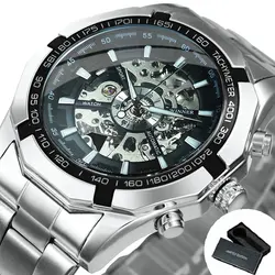WINNER Luxury Skeleton Mechanical Watch with Luminous Hands and Stainless Steel Strap (HAND WIND BLACK)
