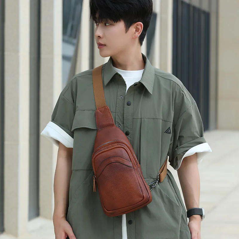 Luxury Designer Mens Genuine Top Grain Leather Chest Bag image 6