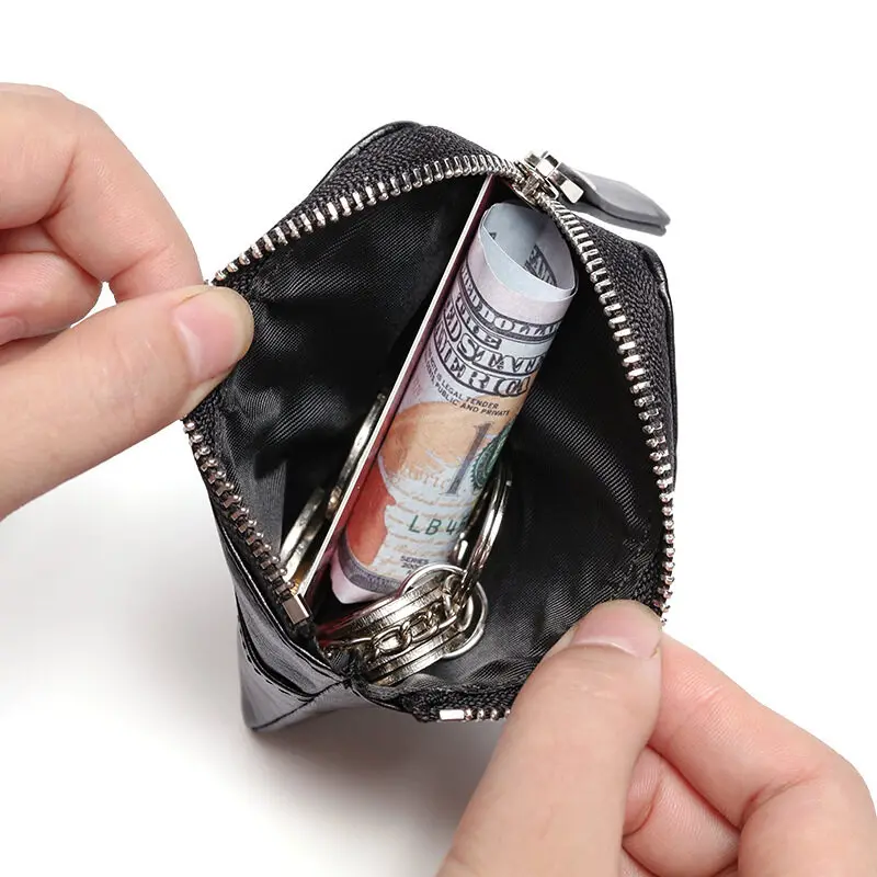 Retro Genuine leather Mens and Women Small Keys Bag Zipper Coin Purse Credit Card Holder Mini Wallet with Key Ring Keychains