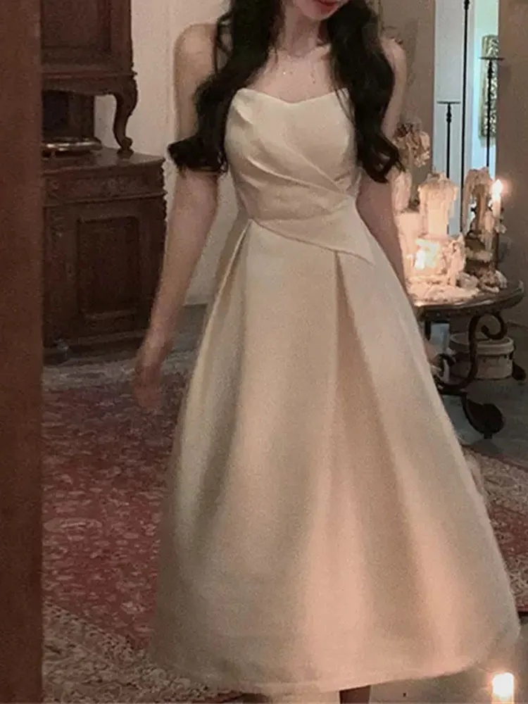 

Satin Dresses for Women Sleeveless Party French Style Dress Solid Folds Spaghetti Strap Zipper 2023 New Spring Summer Dress