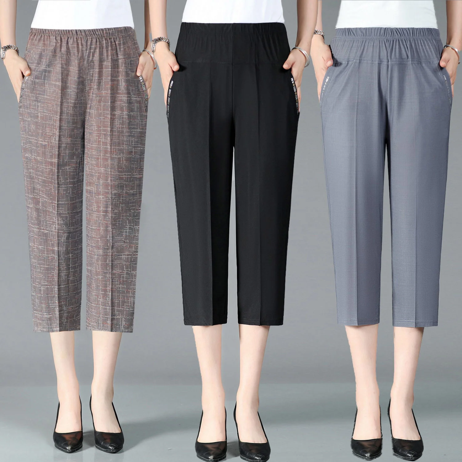 Middle Aged And Elderly Women's High Waisted Elastic Mother's Pants Solid Color Calf-Length Pants Female 3/4 Trousers