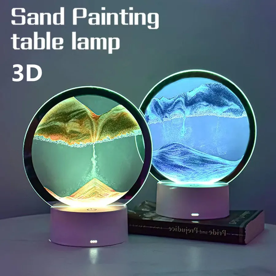 LED 16 Colors 3D Sandscape Lamp RGB Hourglass Light Moving Sand Art Frame Night Light with Deep Sea Display New Year Gift