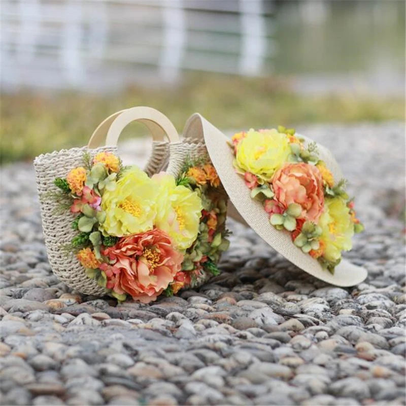 

Women Straw Bag Designer Rattan handbags andmade flower weaving sun hat women Large Casual Hand bags Summer Beach Woven Purses