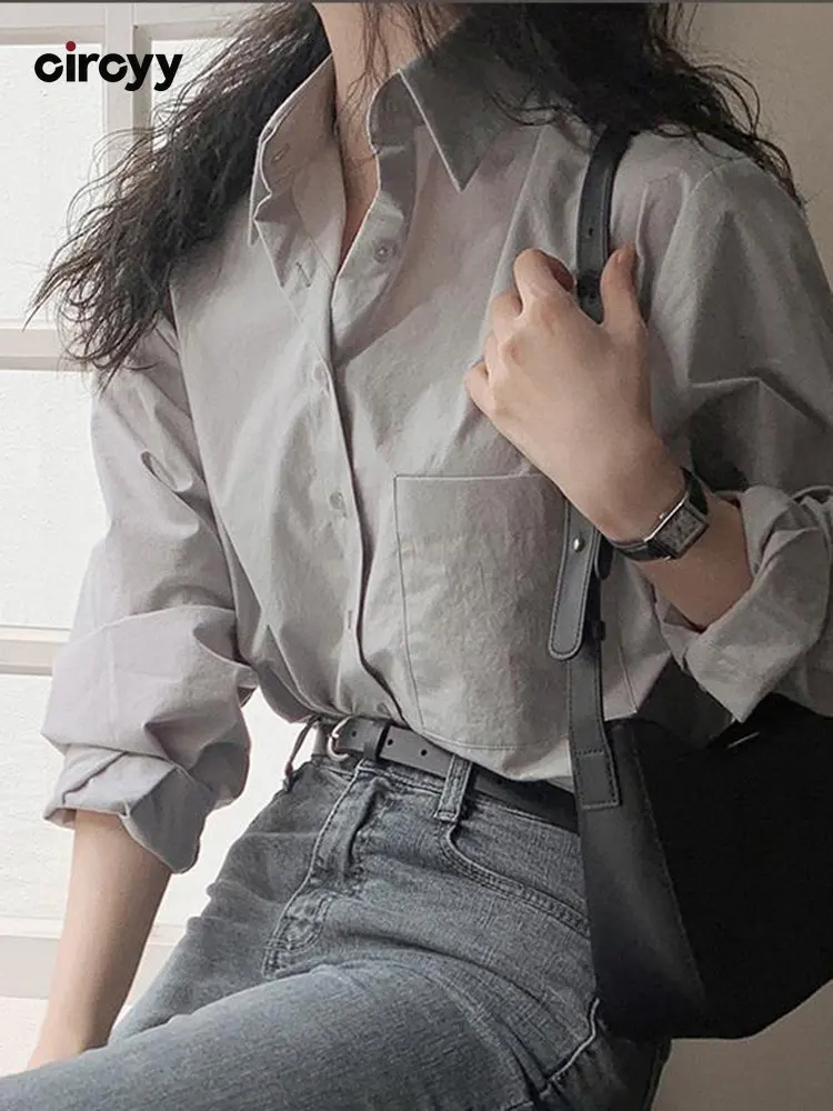 CircyyBlouseWomenShirtsSpring2023GreyButtonUpShirtLooseChic