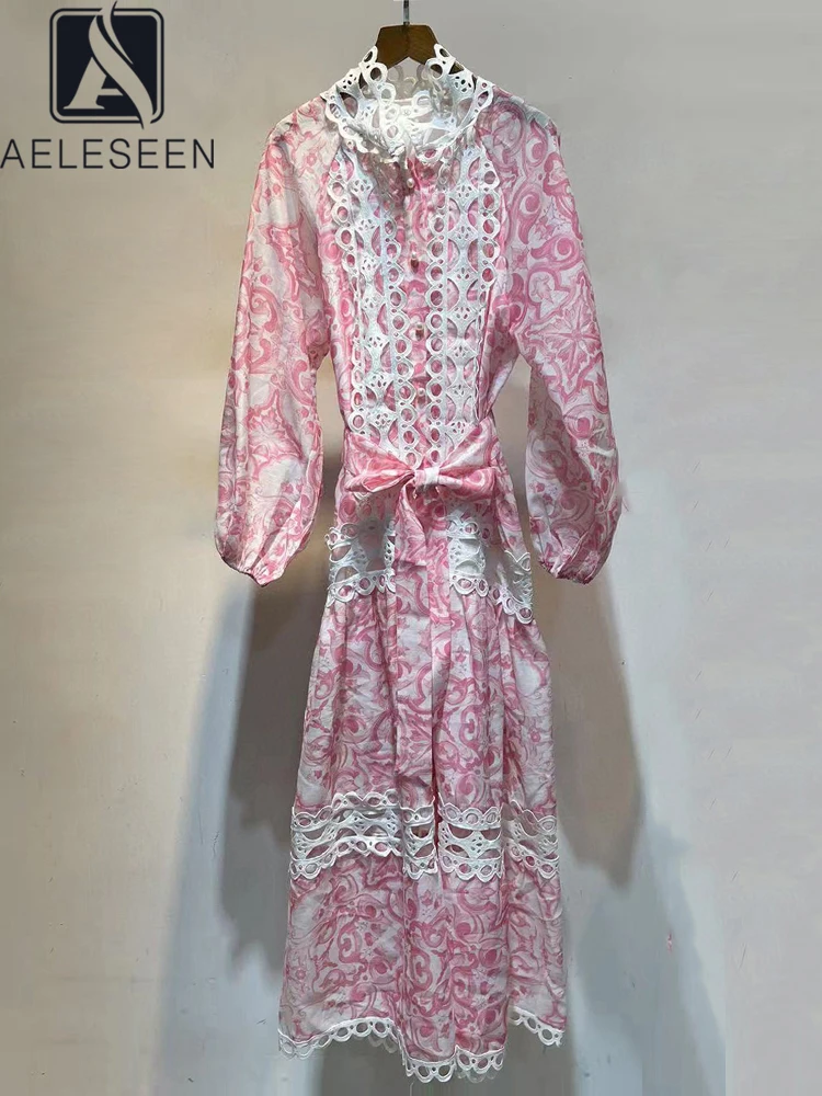 

AELESEEN Fashion Designer Long Dress Women Spring Autumn Lantern Sleeve Pink Green Flower Print Pearls Belt Hollow Out Party