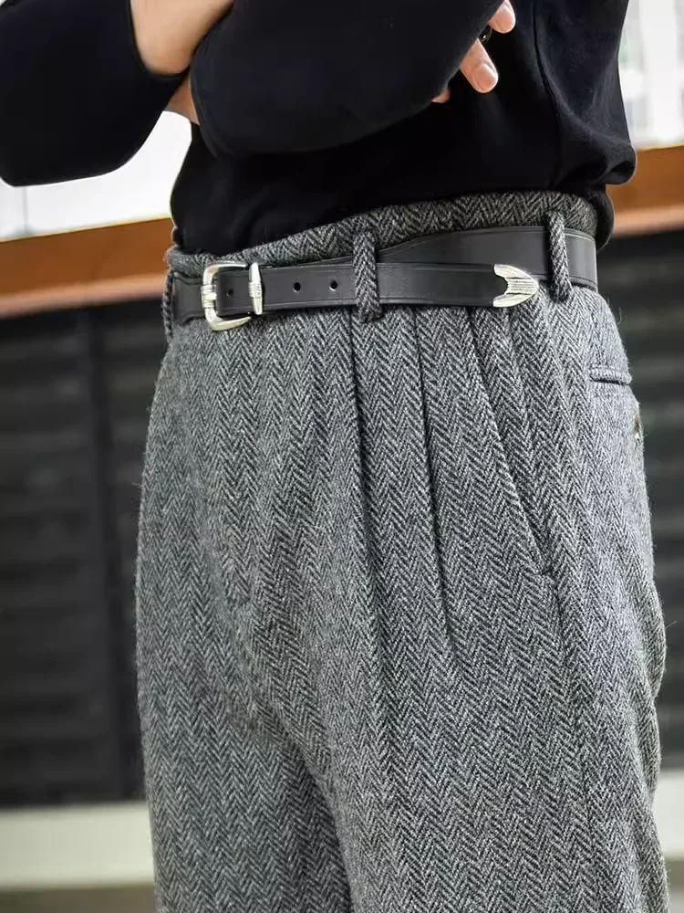 Men Pants Autumn Winter Retro Wool Tweed Loose Straight High Waist Long Pockets