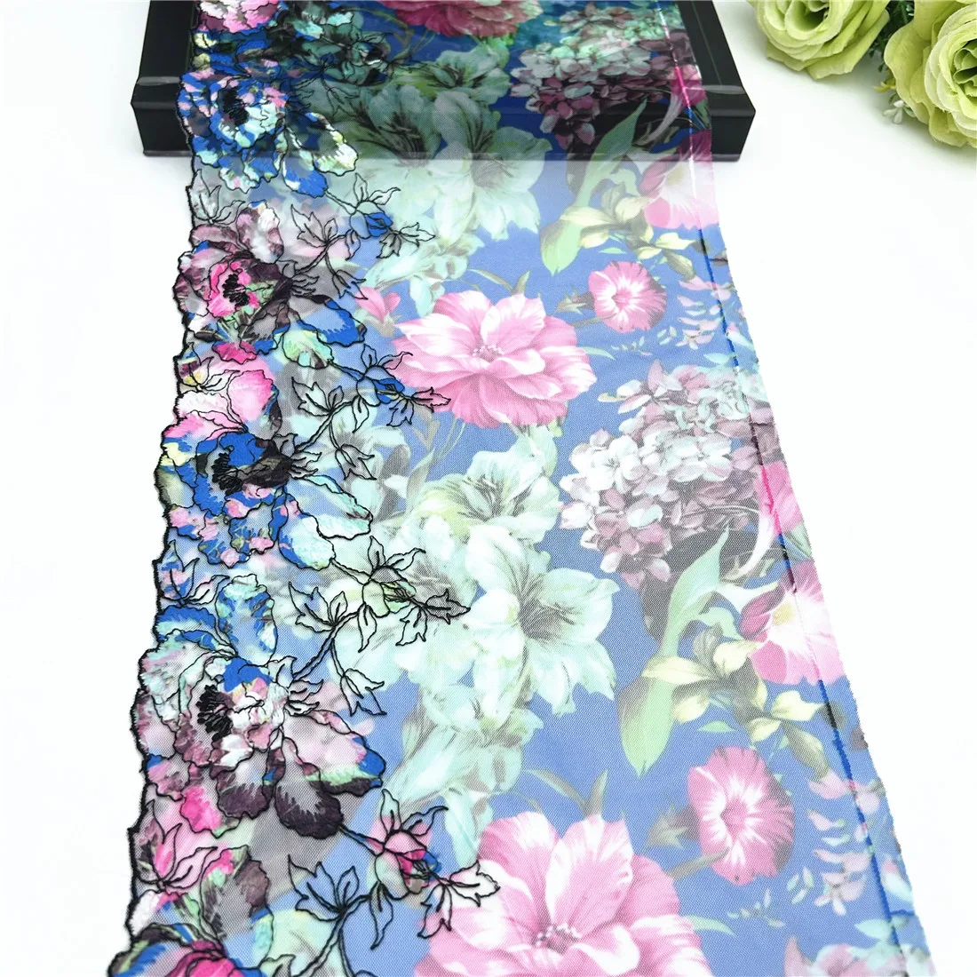 Width 8 1/4Inch 21cm Printed Floral Blue Embroidery Lace Trim Skirt Hem Underwear Sewing Material Craft DIY Apparel Fabric Lace 2