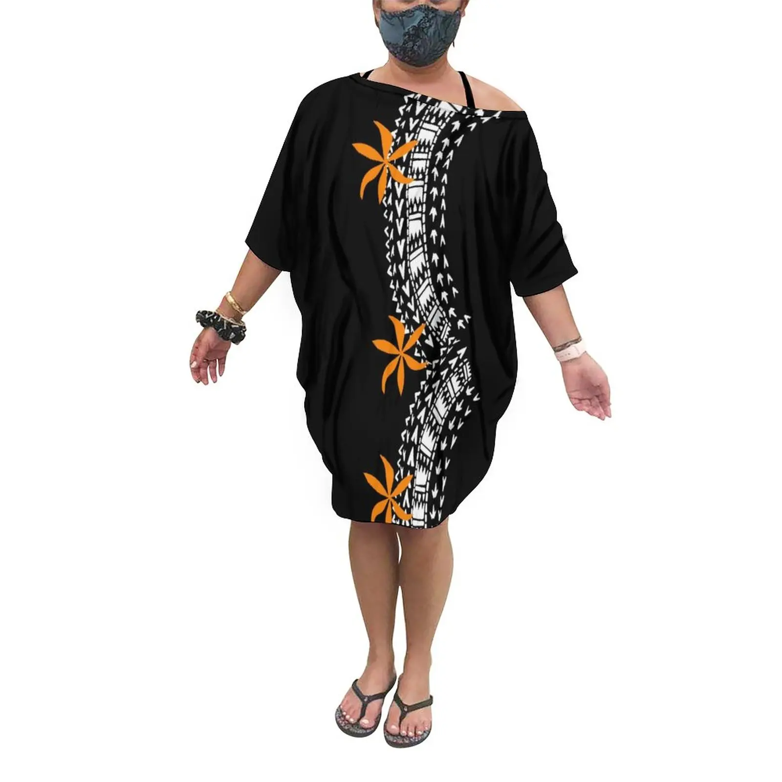 

New Off Shoulder Womens One Size Poncho Dresses Polynesian Printed Bat Sleeve Dress Custom Ladies Loose Free Size Poncho Tops