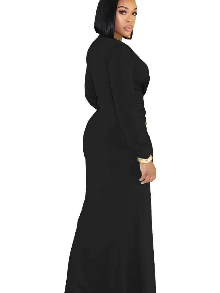 Wmstar Dress Women Wholesale Fashionable Deep V Neck Long Sleeved Waist Cinching Sexy Slit Solid Color Long Autumn Winter