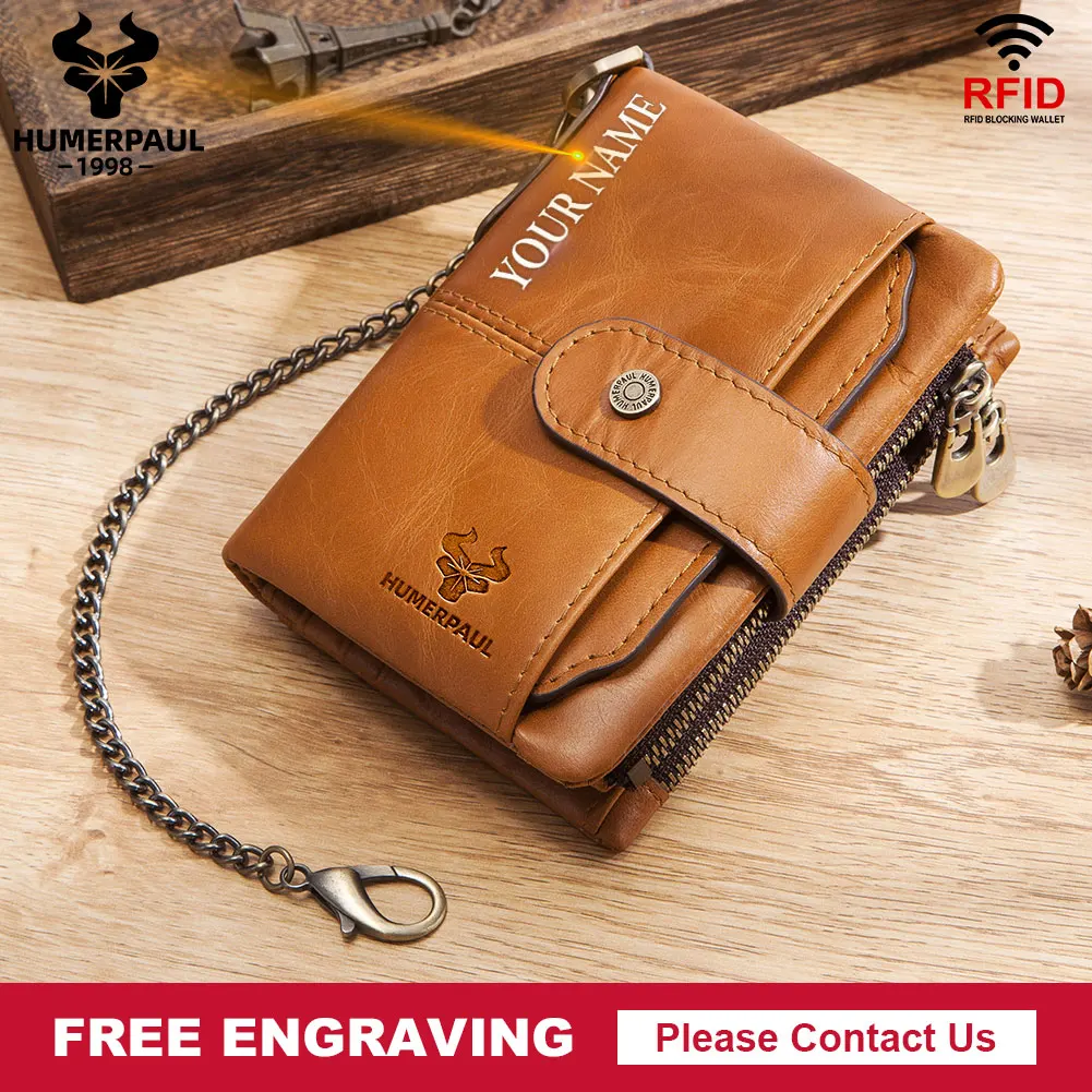 

Genuine Leather Women Wallet Business Purse Rfid Blocking Credit Card Holder For Men Zipper Coin Pocket With Anti-theft Chain