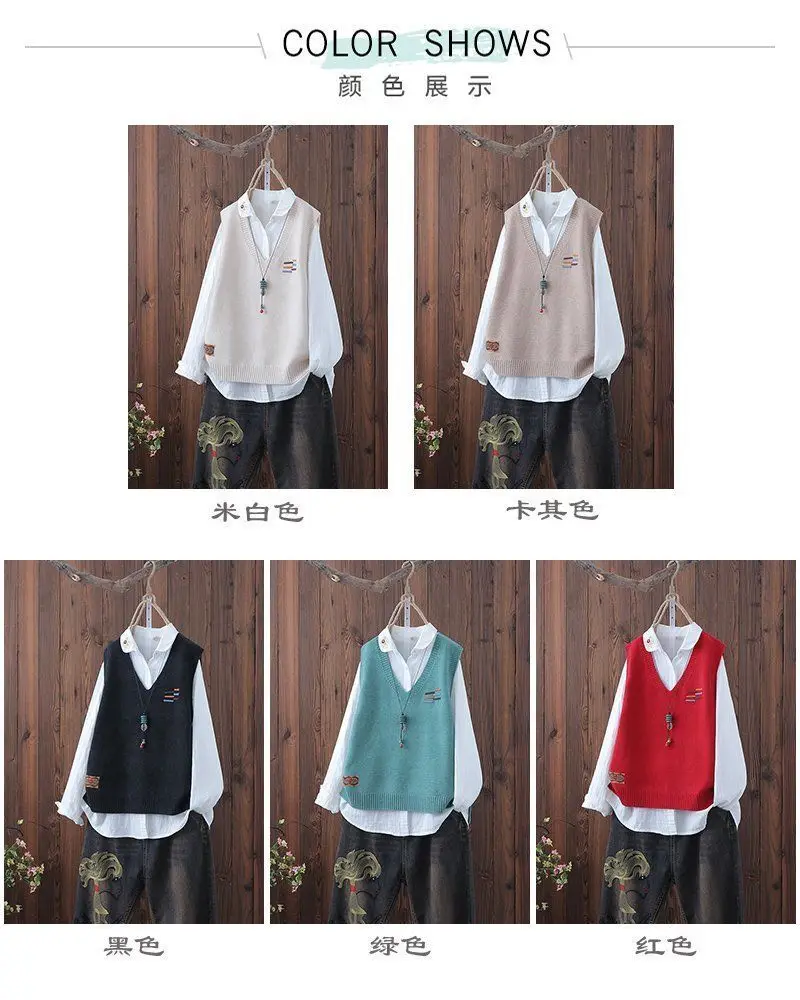 The new V-neck knitted vest ladies spring and autumn Korean style sleeveless pullover loose casual western style blouse long black cardigan