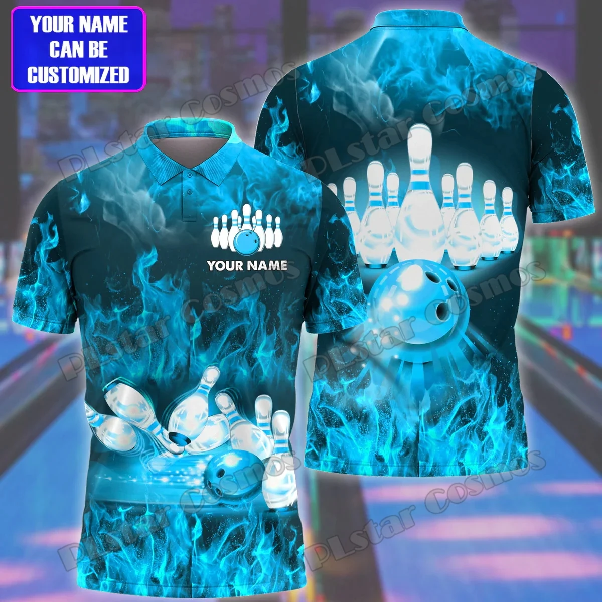 Rotes Bowlingfeuer, personalisierter Name, 3D-gedrucktes Herren-Poloshirt, Sommerstraße, kurzärmeliges Hemd, Geschenk für Bowlingspieler WK32 – Detail 21