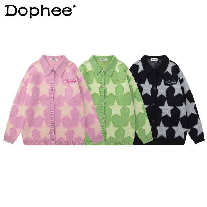 

2023 New Fashion American Retro Loose Embroidered Lapel Jacquard Cardigan Sweater Casual Loose Single-breasted Knitwear Y2k Top