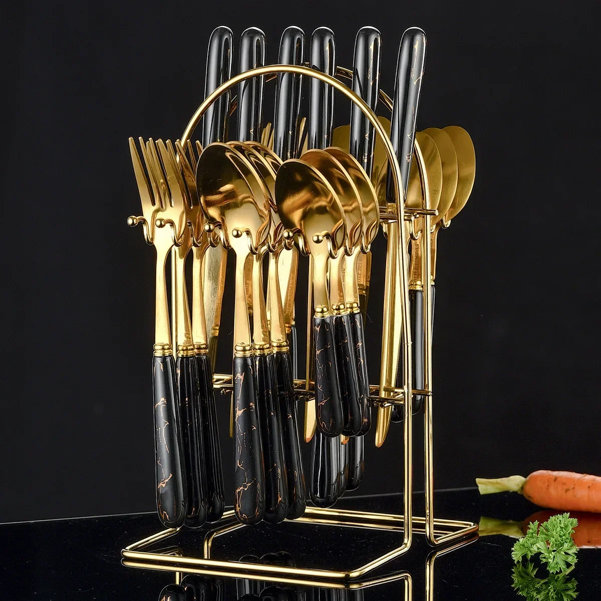 

Ceramic Handle Stainless Steel 24Pcs Dinnerware Cutlery Set Tableware Set Black Gold Fork Spoon Knife Set Dishwasher Safe