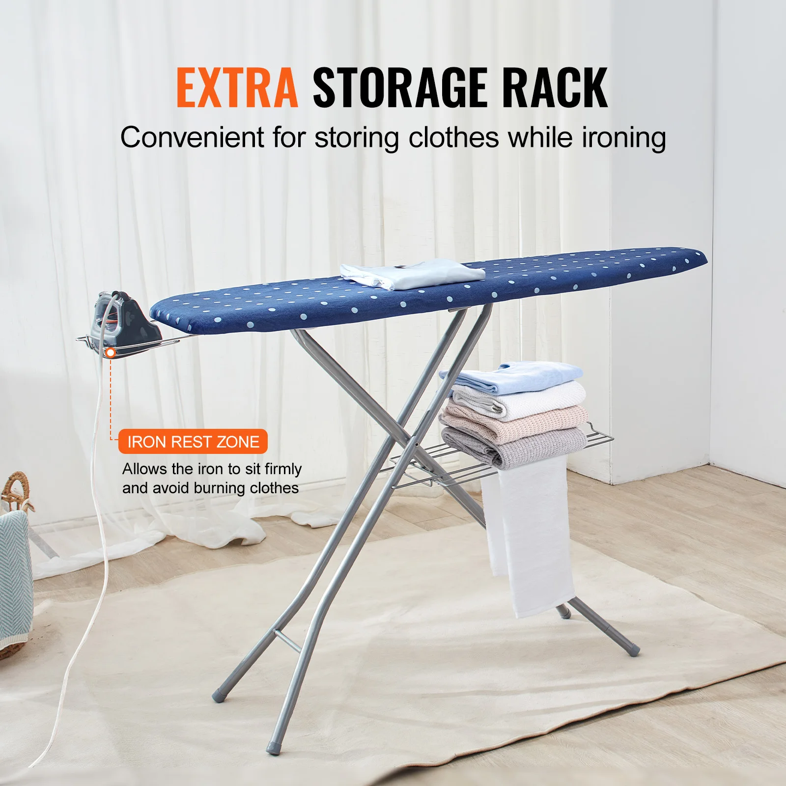 SucceBuy Full Size Ironing Boards 4/3 Layers Heat Resistant Height Adjustable Foldable Legs with Removable and Washable Cover