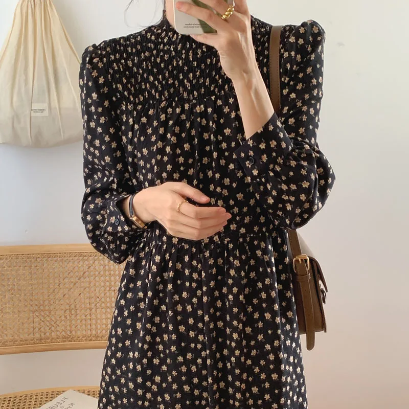 

Retro Dress for Women Spring 2022 Stand Collar Floral Chiffon Lace-up Dresses Black Apricot Lantern Sleeve Vintage Female 2725