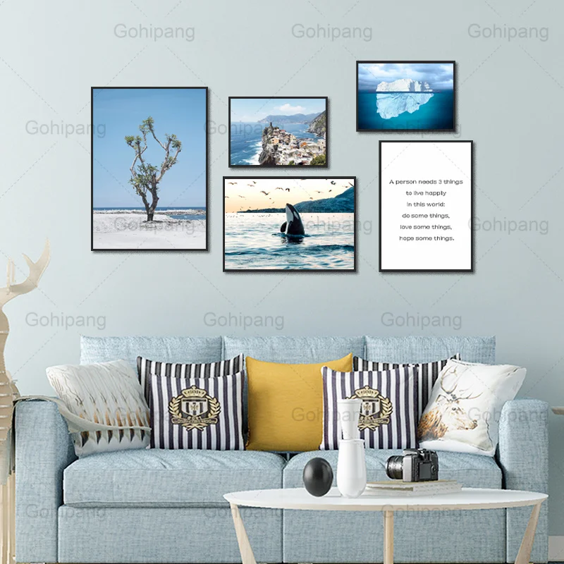 

Wall Decor Art Canvas Painting Blue Seaside Scenery Home Wall Spray Poster and Prints for Living Room Decoration Wall Picture