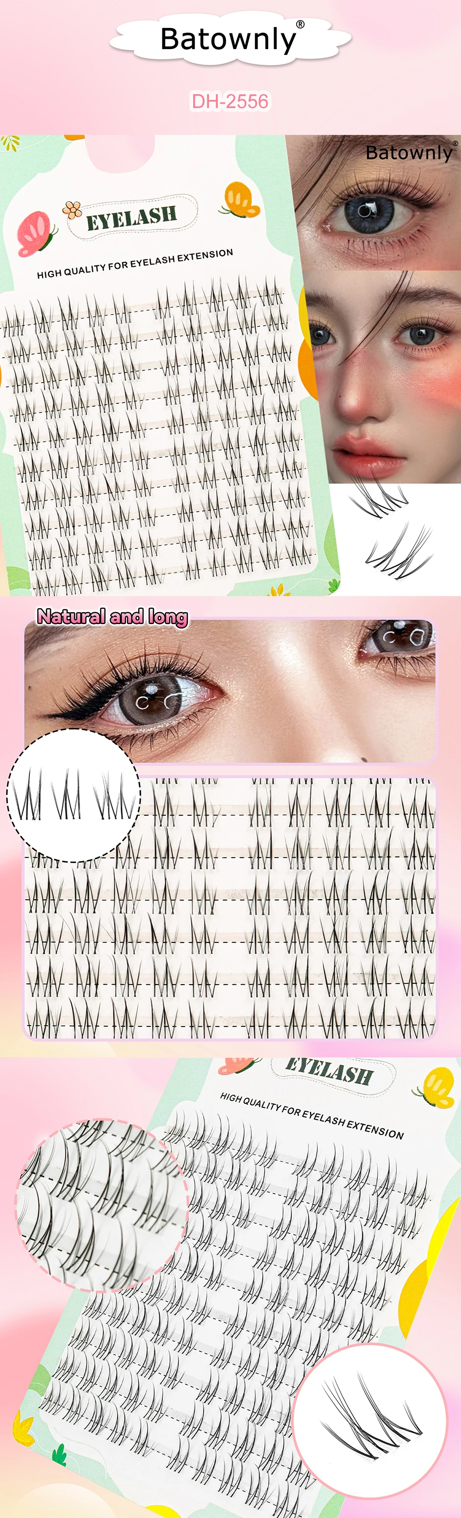 100 Stück Wimpern-Cluster, natürliche Simulation, segmentierte Einzel-Cluster, transparent, feiner Stiel, selbstpfropfende Feenhaar-Wimpern – Detail 1