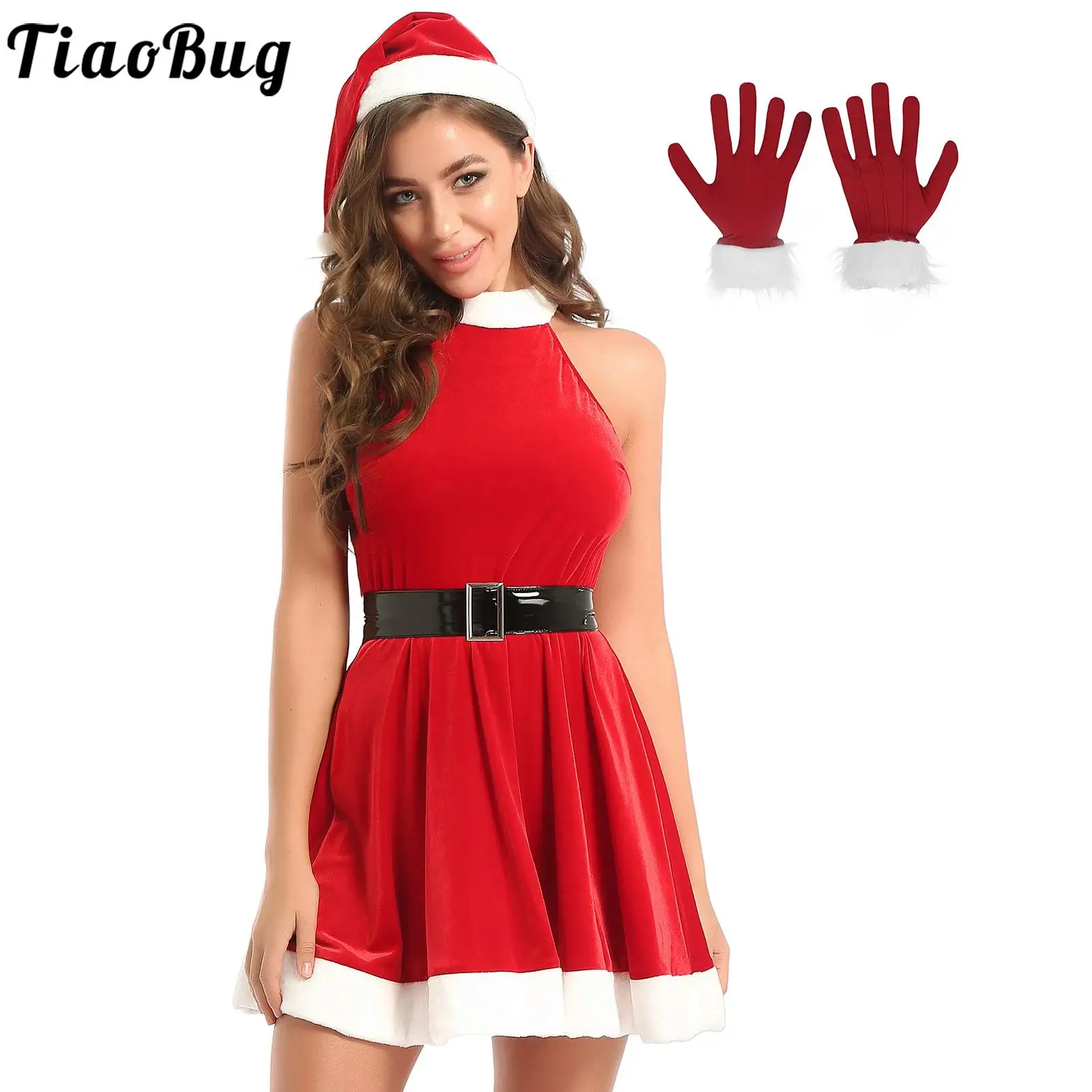 

Womens Christmas Santa Cosplay Outfit Zipper Back Sleeveless Velvet Dress with Hat Patent Leather Belt Faux Fur Trim Gloves