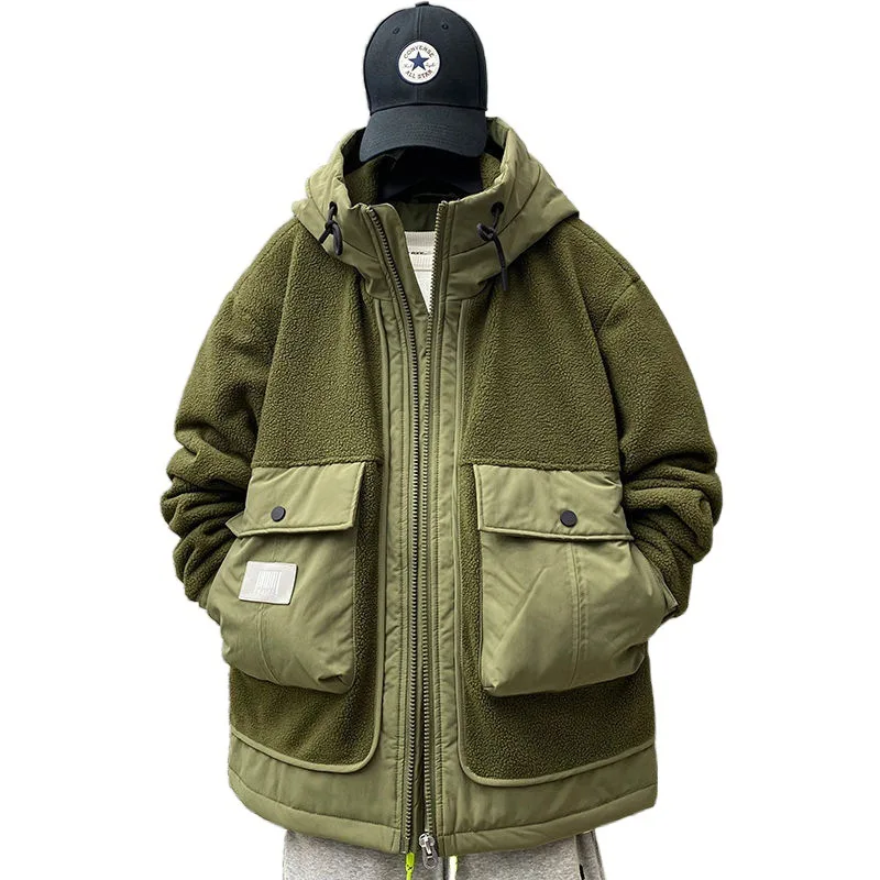 Winter Men's Padded Jackets Japan Style Spliced Lamb Wool Thick Parkas Workwear Large Pocket Long Padding Oversized Hooded Top