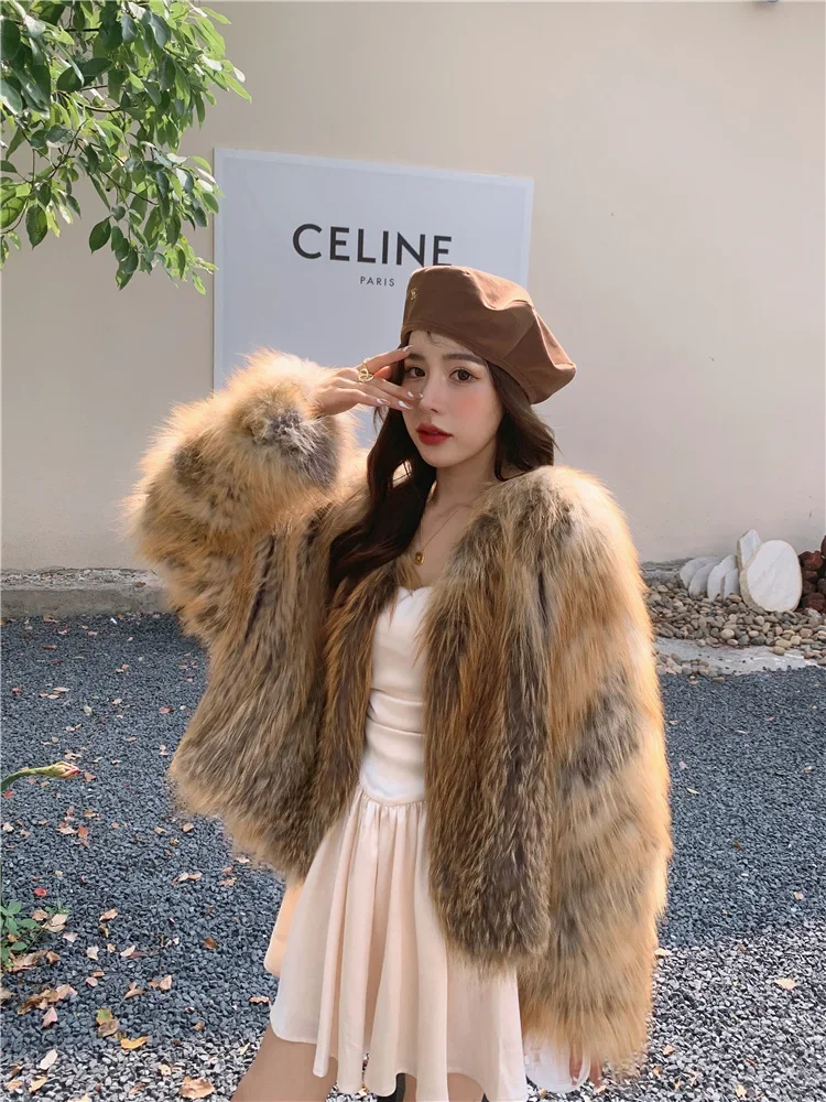 Woven Real Fur Fox Hair Coat Female Short V-neck Jackets Double-sided Young Lazy Slim Knitted Thick Warm Fur Casual Tops Winter