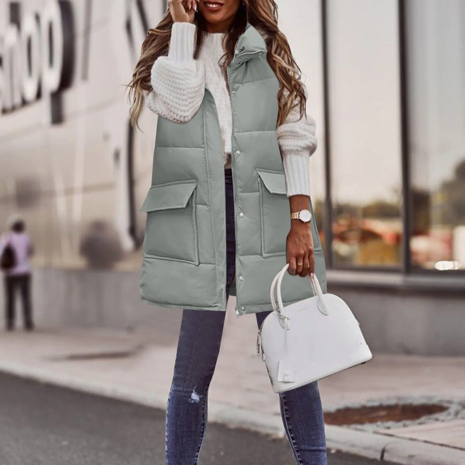 

Oversized Warm Padded Vests Womens 2023 Trendy Long Sleeveless Zipper Button Pockets Jackets Autumn Winter Casual Coats Outwear