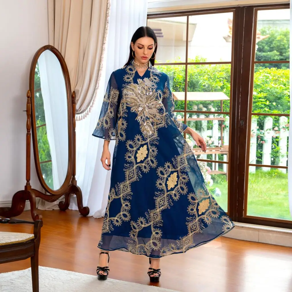 Embroidered Moroccan Caftan Maxi Women's Long Sleeve Muslim Dress Dubai Islamic Arabic Turkish Evening Dress Gulf Saudi Abayas