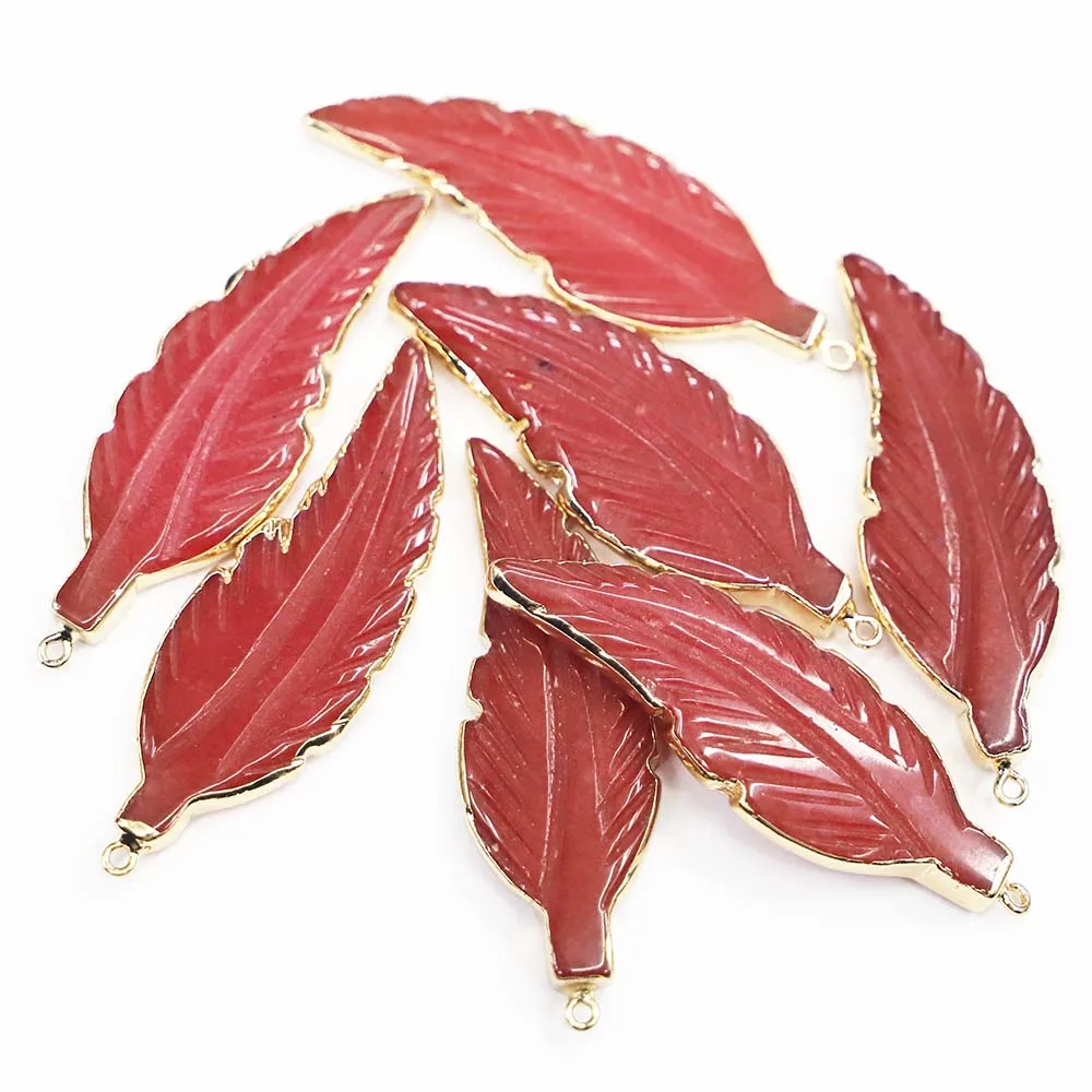Natural Stone Red Leaf Feather Shape Necklace Pendant Sweater Chain Stylish Charm Fashion DIY Jewelry Accessories Wholesale 4Pcs