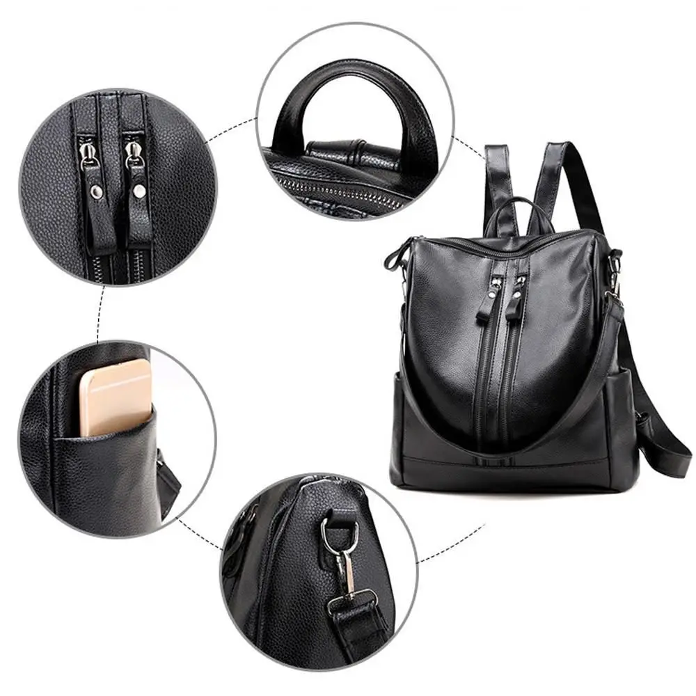 Women Soft School Leather Black Casual Multifunctional College Bag Large Capacity Shoulder Bags Travel Tote Backpack_voghion.com