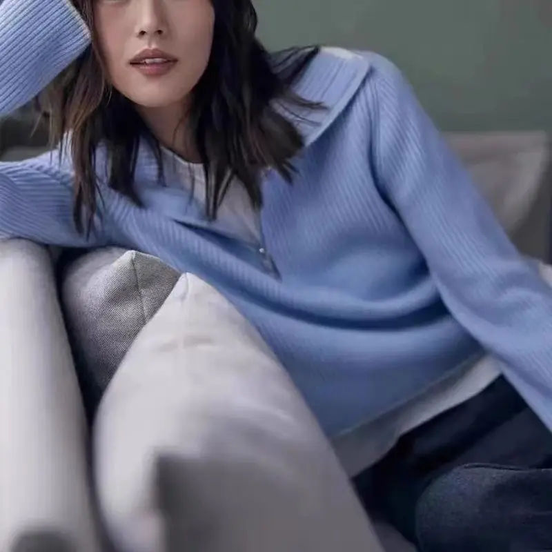 

Pure Wool Sweater Women's Half Zippered Lapel Knit Top 2023 Autumn/Winter New Loose Thickened Solid Long Sleeved Pullover