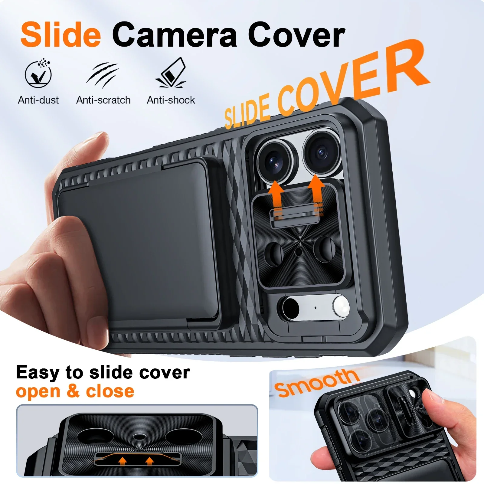 Sleek Black Phone Case with Card Holder, Sliding Camera Cover, and Stand