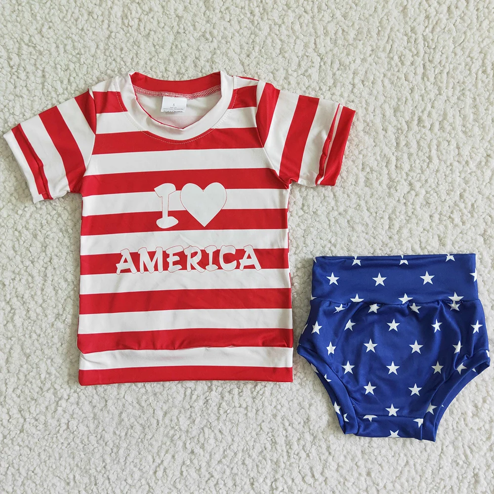 

RTS Wholesale Baby Girl Clothes Bummie Set July 4th Star Print Little Girls Summer Clothes Bummies Outfits Fashion Kids Clothes