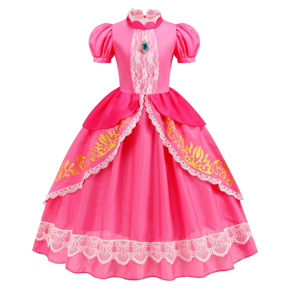 Sommer Rosa Prinzessin Kleid für Mädchen Pfirsich Cosplay Kostüm Kinder Geburtstag Party Tutu Kleid mit Spitze Und Edelstein Karneval Kleidung – Detail 2