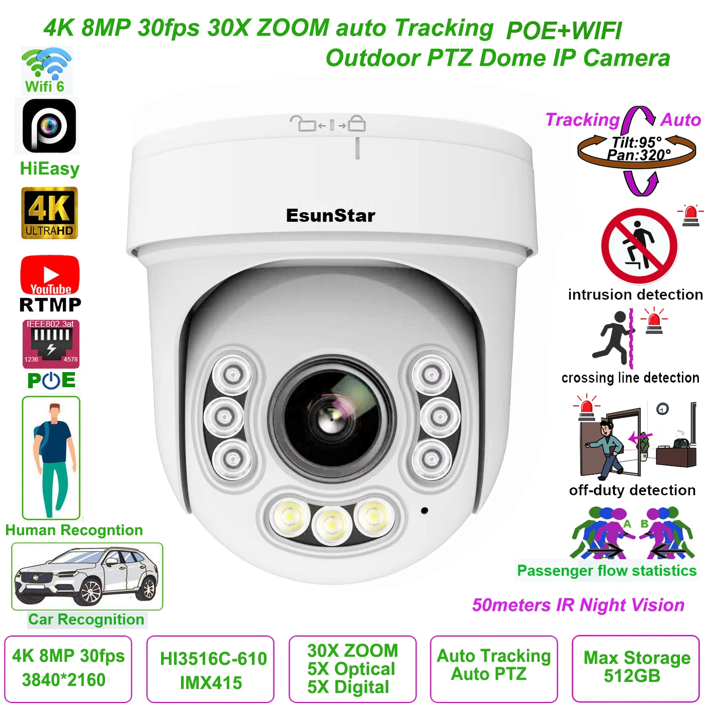 HiEasy 30X ZOOM 4K 8MP 30fps Wifi POE Otomatik Takipli IP Kamera PTZ Hızlı Dome IP Kamera dış mekan ONVIF RTMP SD Kart P2P Hikvision