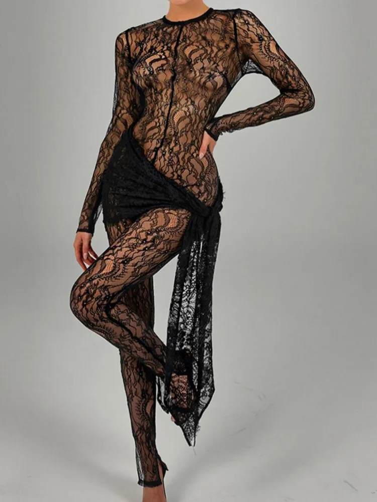 

RDMQ 2023 Sexy See Through Lace Bandage Women Jumpsuit Black Long Sleeve Round Neck Ruched Jumpsuit Autumn New Skinny Streetwear
