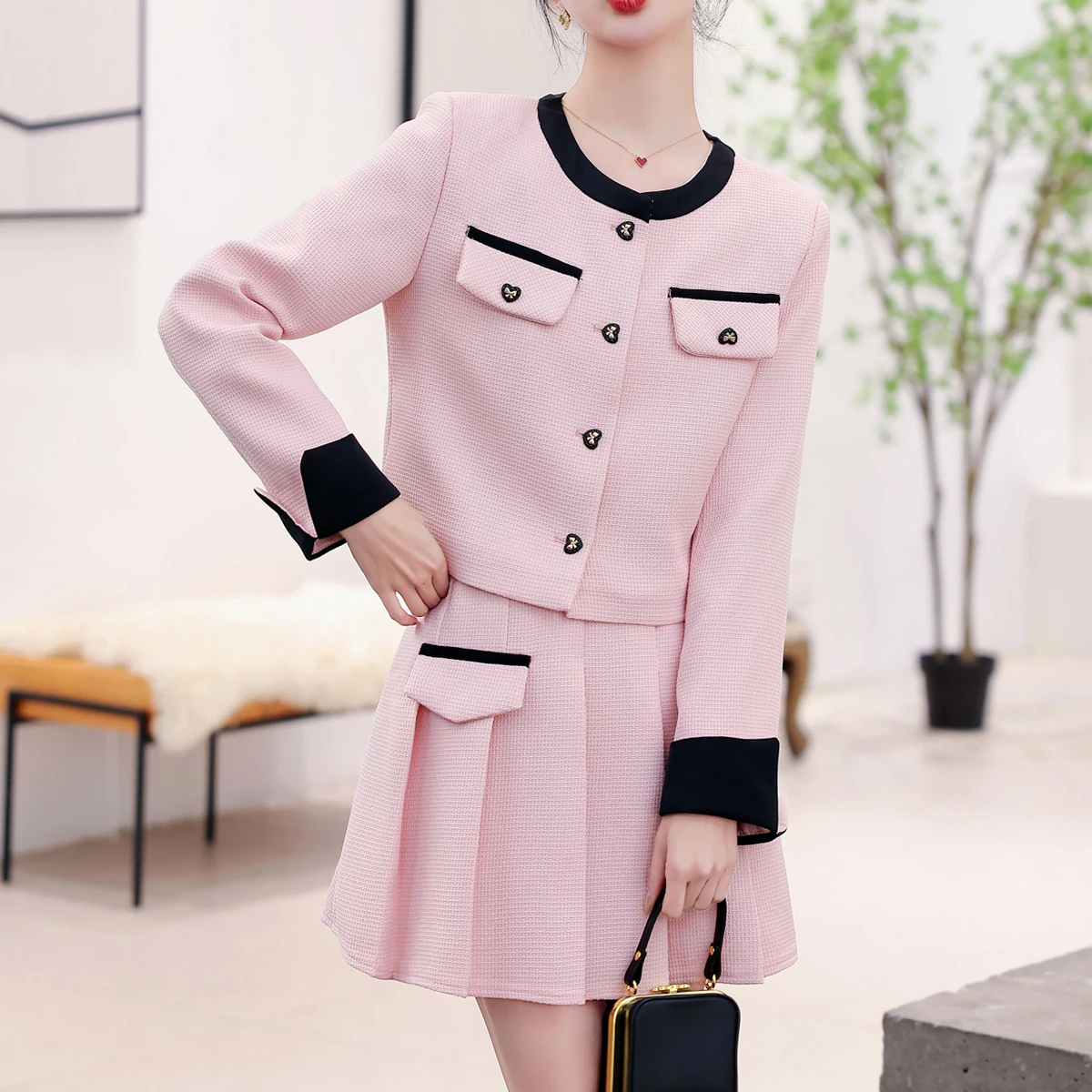 

Small Fragrance Women Spring Autumn 2 Piece Sets Lady Fashion Elegant Slim Crop Top Short Coat And Pleated Mini Skirt Suit Set
