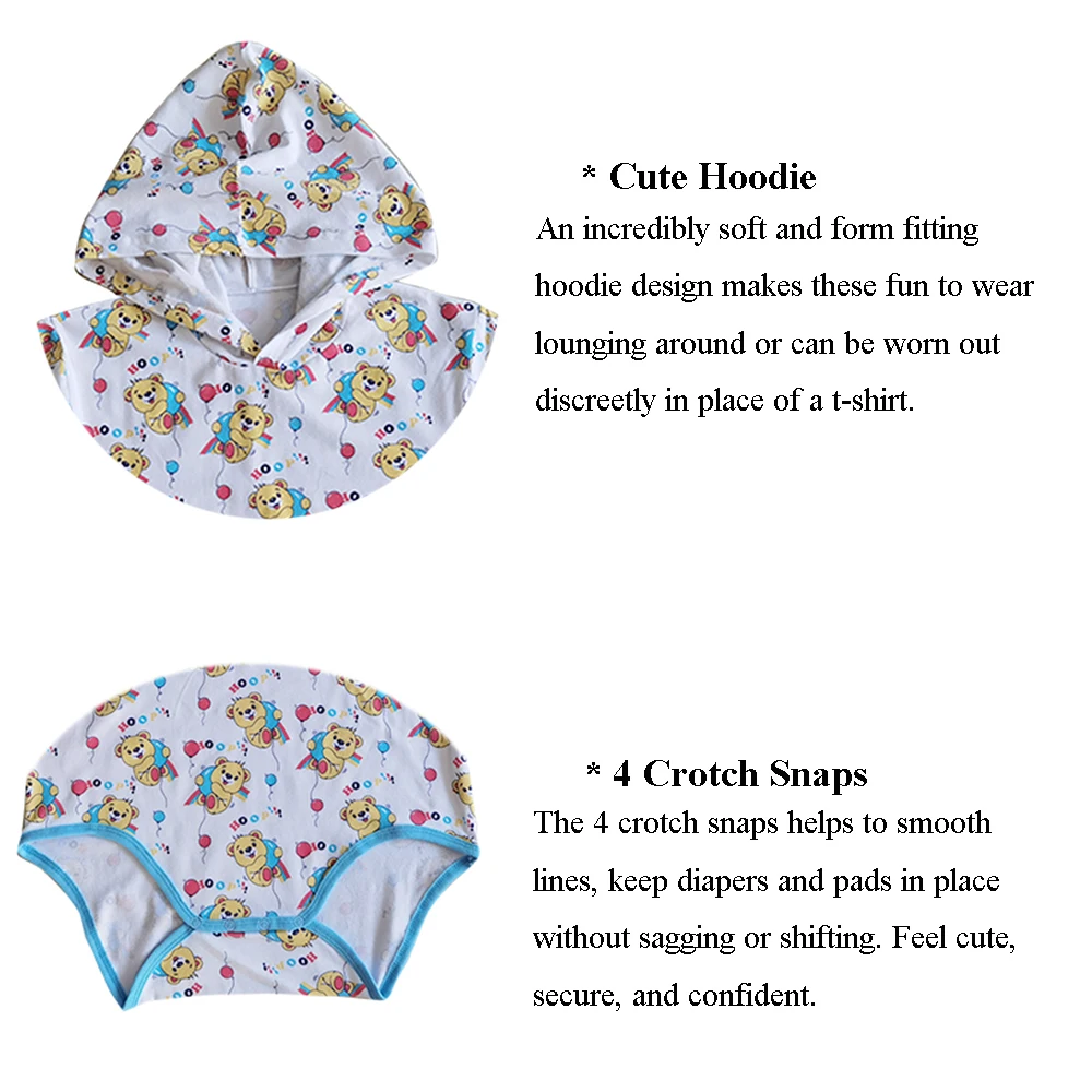 Little Bear Hoodie Bodysuit Adult Baby Onesie Sissy ABDL Diaper Long Sleeve Romper