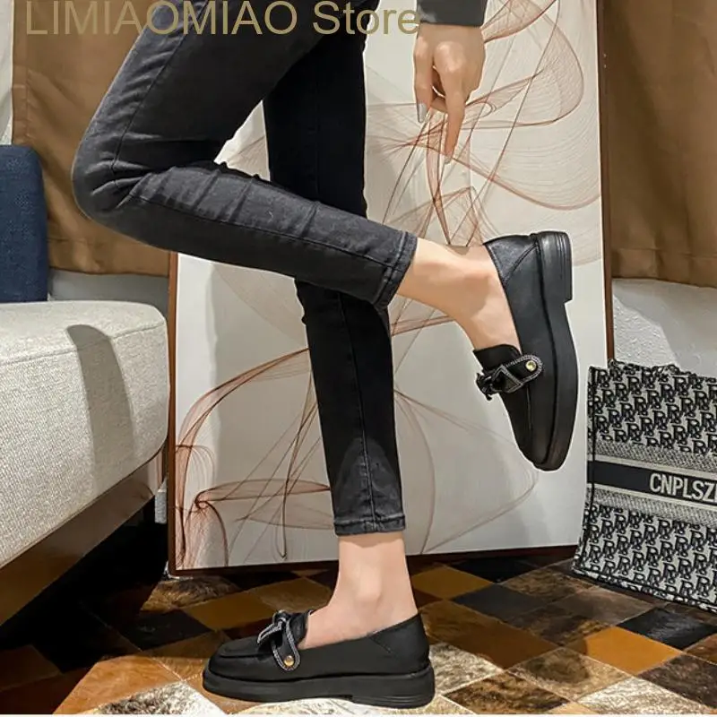 New Fiber Leather Flat Shoes Women's British Style Black Soft Work Low Heel Square Head Simple Office Lady Shoes