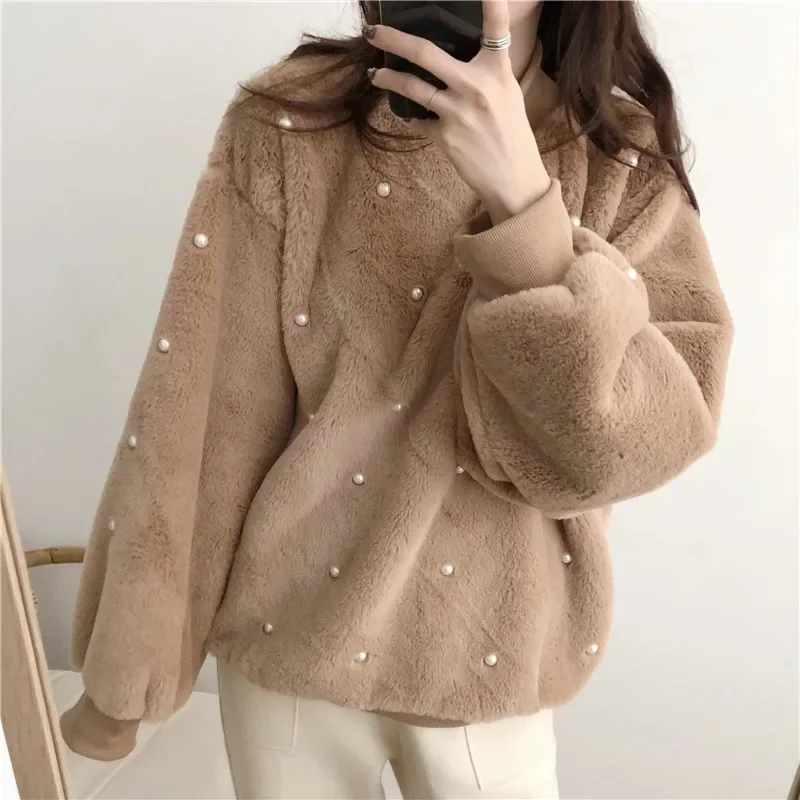Thick Furry Pullover Women Autumn Winter Soft Warm Mohair Loose Sweet Retro Pearl Mink Tops New Tops White Coffee Khaki New 2021