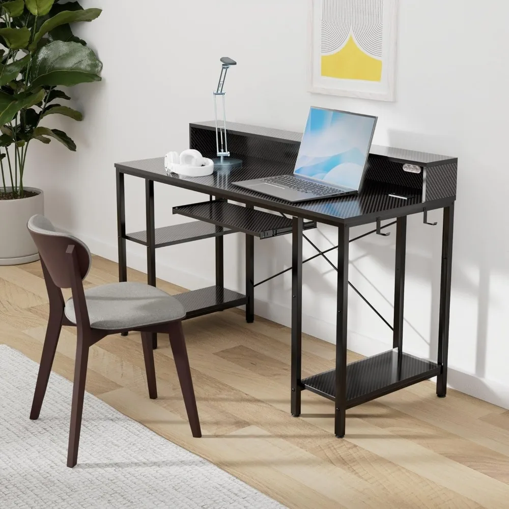 Computer Desk with LED Lights & Power Outlets, 54” Gaming Desk with Storage Shelves, Home Office Desk with Keyboard Tray 2