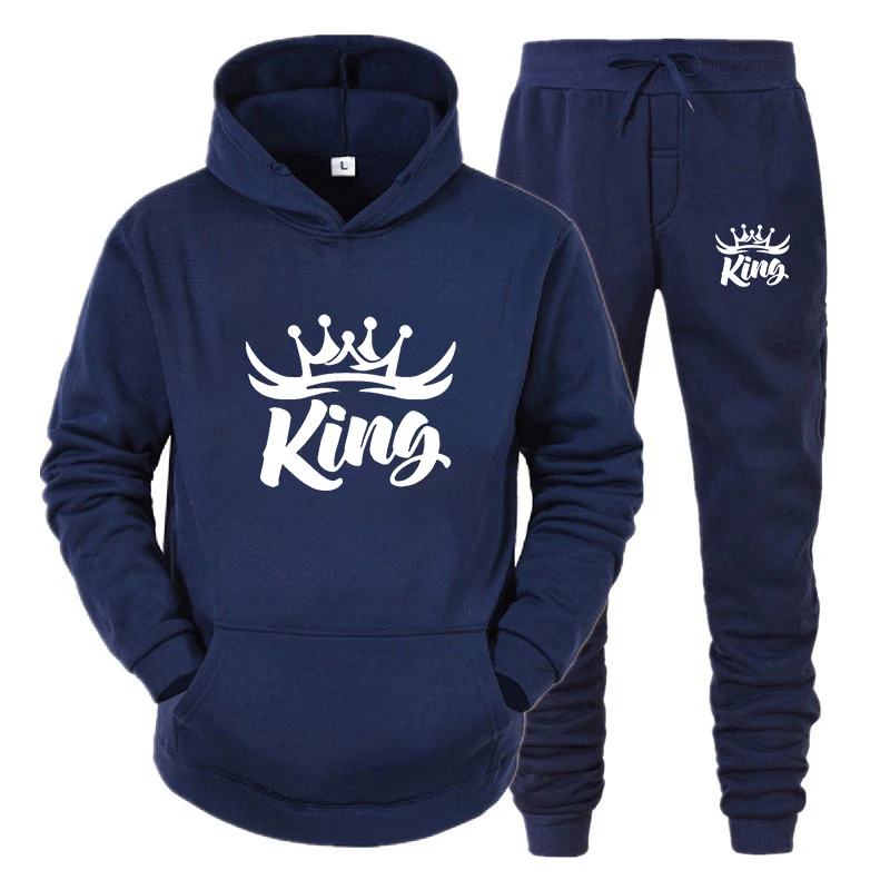 

Lover Outfit Her QUEEN or His KING Printed Tracksuits Couple Hoodies Suits Hooded Sweatshirt and Sweatpants Two Piece Set S-3XL