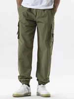Multi Pockets Solid Color Casual Cargo Pants Mid-Rise Elastic Waistband Drawstring Shrinkable Cuffs Men Sweatpants 1