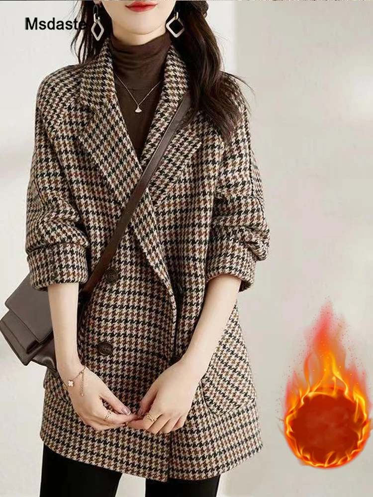 

Blazers for Women Plaid Woolen Lady Jackets Casual Female Outwear Double-breasted Winter Thick Warm Jackets Coats Blazer Woman