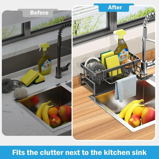 Organizzatore per scolapiatti per lavello da cucina, portaoggetti per spugna, portasapone, scolapiatti, portasciugamani, organizer per lavello da cucina 3