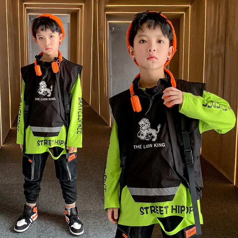 

Джинсы с высоким воротником для мальчиков и девочек, жилет, брюки-карго, комплект одежды, детская толстовка, джоггеры, костюм для уличного танца, уличная одежда